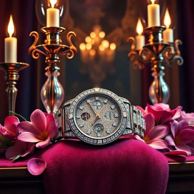 An opulent watch resting on a bed of flowers, symbolizing timeless elegance and the finest craftsmanship.