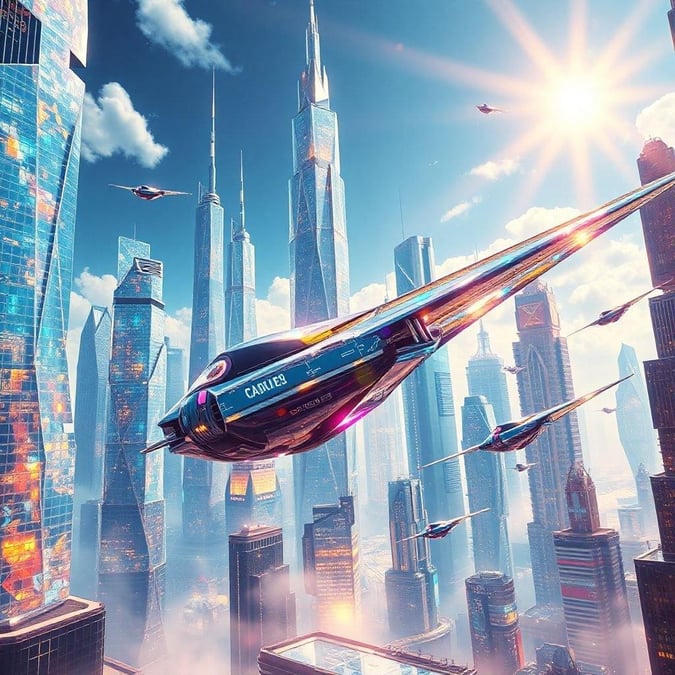 Un paysage urbain futuriste avec des vaisseaux spatiaux s'élevant dans le ciel, représentant le dernier cri en matière de voyages et d'exploration intergalactiques.