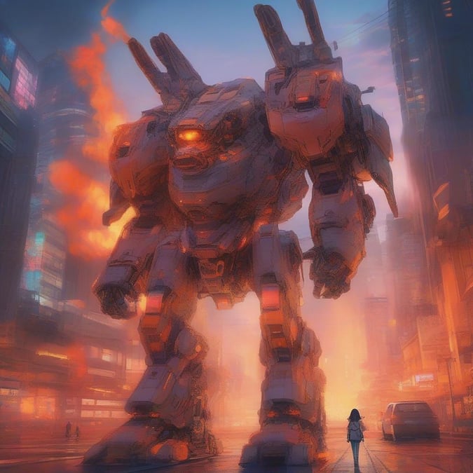 A giant robot stands over the city, creating an impressive sight against the backdrop of futuristic buildings.