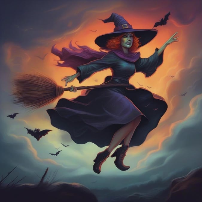 This spooky wallpaper features a witch flying on her broomstick under a full moon, surrounded by bats and spiders. The dark and mysterious atmosphere is perfect for the Halloween season.