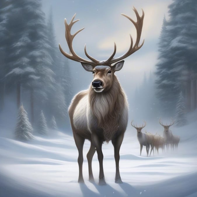 A majestic reindeer stands proudly amidst the snowy forest, its coat a beautiful shade of brown with a white chest and antlers that hint at an impressive size. The other two members of the herd can be seen nearby, one slightly behind the main subject, the other leading ahead. The snow-covered ground is dotted with the bare silhouettes of trees against the soft glow of a winter's sky.