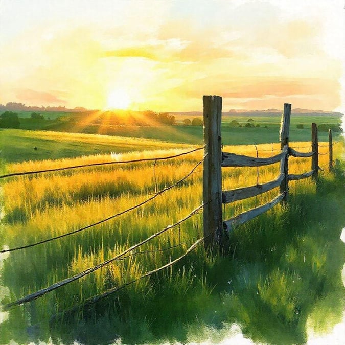 An idyllic scene from the countryside, featuring a fenced field during sunset with a golden glow. A pastoral landscape that conveys peace and tranquility.