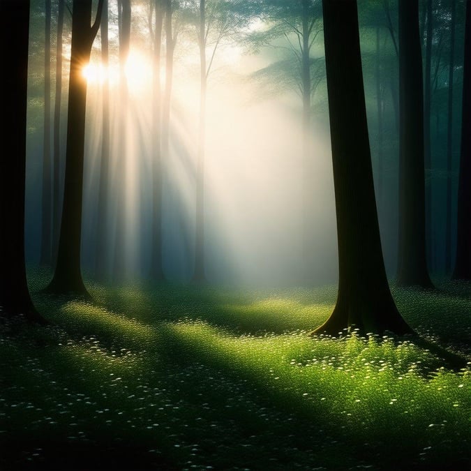 A serene forest during the break of dawn, where the sunlight filters through the mist to create a magical atmosphere.