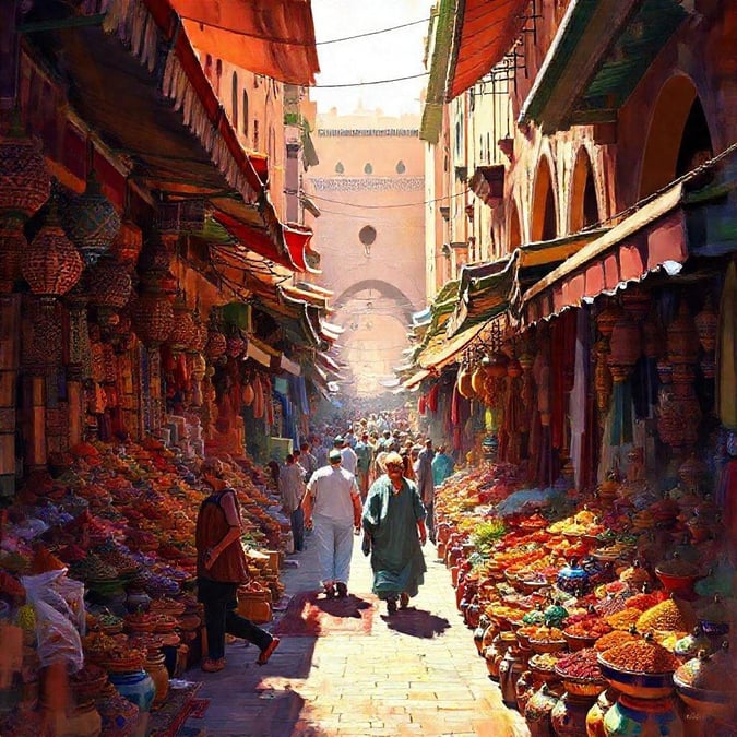 This bustling scene captures the lively atmosphere of a market day in Marrakesh, Morocco. The narrow alleyways are filled with locals and tourists alike, exploring the rich offerings of spices, leather goods, and handcrafted items. The colors are as vibrant as the Moroccan culture it represents, making this image a perfect wallpaper to celebrate adventure and cultural diversity.