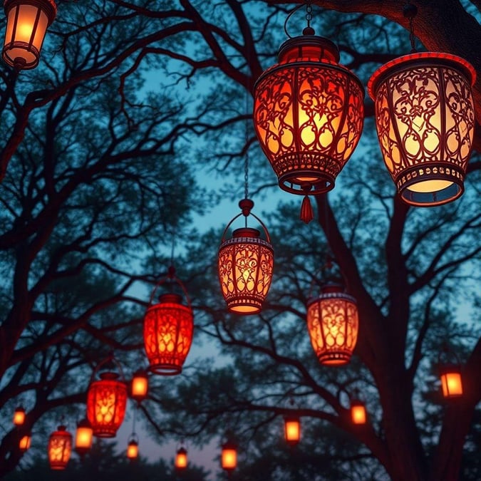 Captivating nighttime scene of traditional lanterns in a tree, symbolizing light, warmth, and joy. Perfect for Independence Day wallpaper.