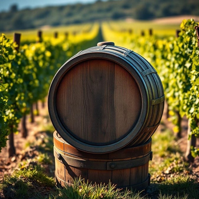 This picturesque scene captures the essence of winemaking, with a wooden wine barrel nestled among rows of green vines. The vibrant greenery and clear skies suggest a sunny day in a vineyard, perfect for grape harvesting.