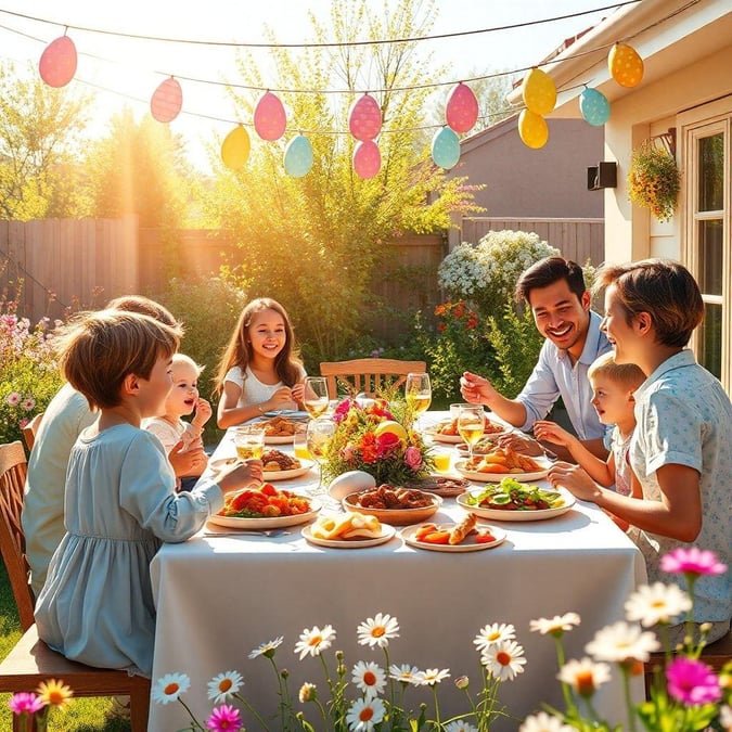 The image depicts a joyful Easter celebration with a family gathered around a table laden with festive food. The sun is shining brightly, casting cheerful shadows and creating a warm atmosphere. Hanging colorful Easter baskets add to the festive ambiance. Everyone seems to be enjoying the holiday together.