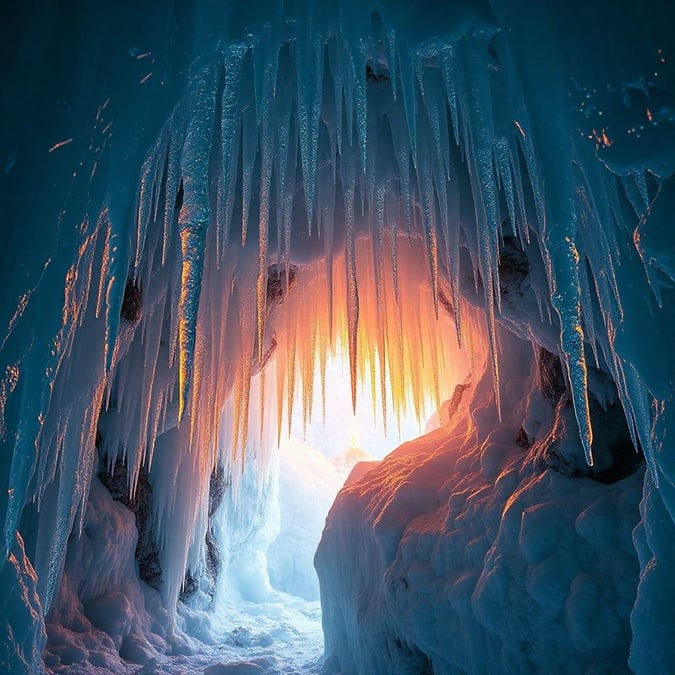 This image captures the breathtaking beauty of a frozen cave, with icicles hanging from the ceiling and a soft, ethereal light emanating from the entrance. The frozen cave is a natural wonder that is both beautiful and awe-inspiring.