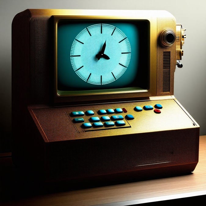 This vintage computer and clock setup is an elegant blend of technology from a bygone era. The desktop design brings back the nostalgia of early computing with its retro keyboard and analog clock face, all wrapped in a warm wood finish. It's perfect for those who appreciate both digital and analog timekeeping methods.