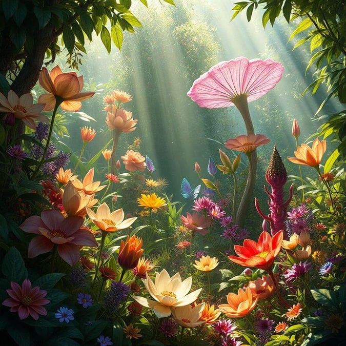 A mystical realm blooming with vibrant, exotic flowers in hues of pink, purple, yellow, orange, and blue. This fantastical garden is a sanctuary where nature's beauty thrives.