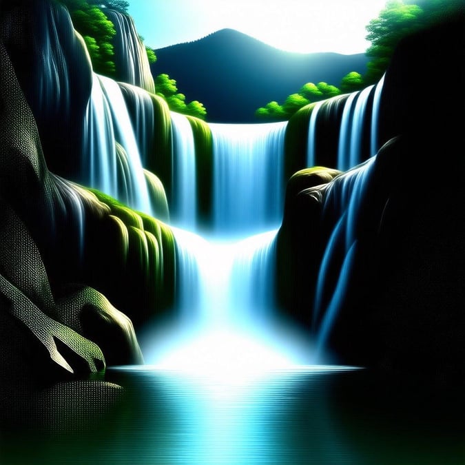 This digital artwork captures the serene beauty of a lush green waterfall cascading amidst a forested landscape under the soft glow of the evening sky.