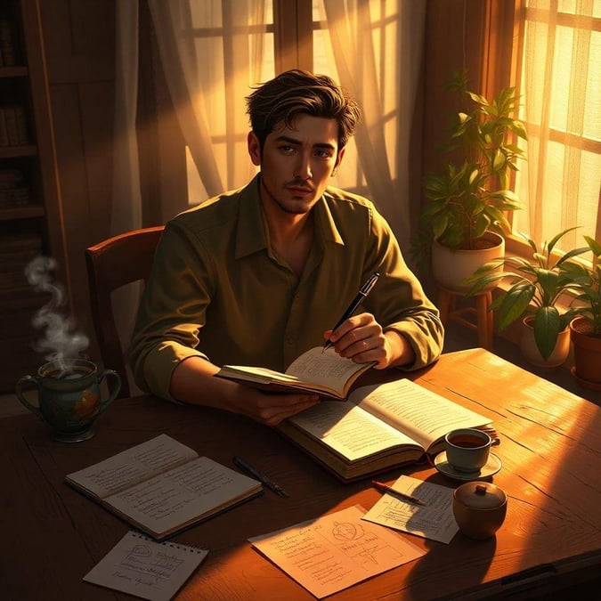 A young man sits at a wooden desk, pen in hand, contemplating his resolutions for the New Year. The warm glow from the fireplace casts soft light on the room, creating an atmosphere of reflection and hope.