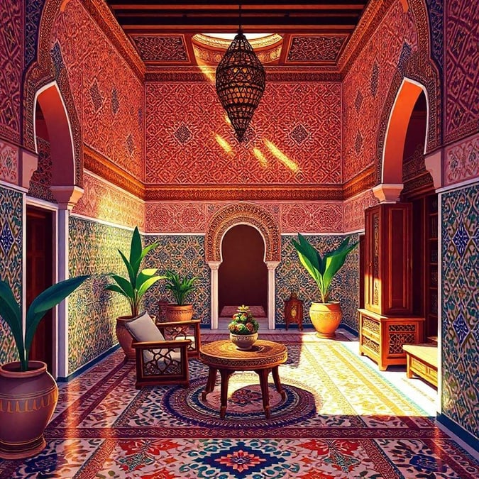 A sunlit, tiled hallway with intricate ceiling decoration in a traditional Moroccan home. The warm lighting highlights the vibrant colors and geometric patterns of the architecture.