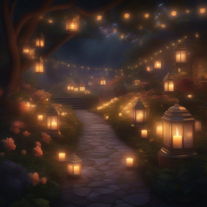 Step into a world of serenity and inspiration with this breathtaking garden path wallpaper. The soft glow of the lanterns and the vibrant colors of the flowers create a peaceful ambiance, perfect for promoting relaxation and well-being.