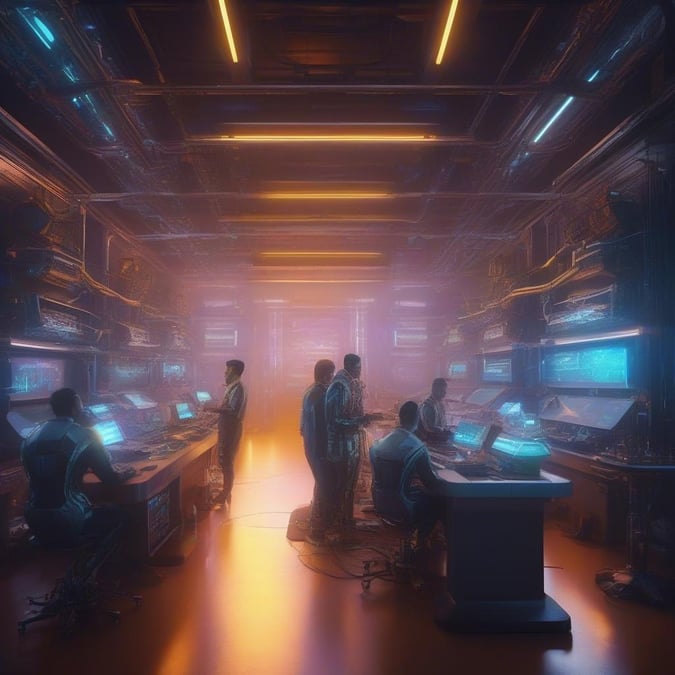 A group of scientists in white lab coats engrossed in their work on advanced technology, with neon lights illuminating the high-tech environment.