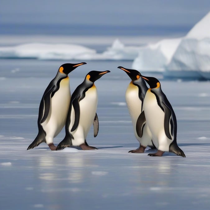 This image is a beautiful wallpaper featuring a group of penguins standing on ice. The penguins are the main focus of the image, and they are depicted in a naturalistic setting. The image is likely to appeal to nature lovers and animal enthusiasts.