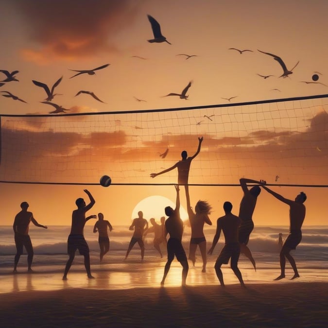 This image captures the beauty of a sunset volleyball game on the beach, with the warm glow of the setting sun casting a golden light on the players and the ocean in the background. The image conveys a sense of fun and relaxation, perfect for a desktop or mobile wallpaper.