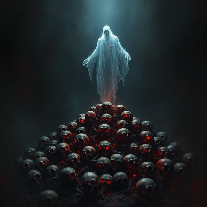 Get ready to immerse yourself in the eerie elegance of this hauntingly beautiful Halloween wallpaper. The image features a ghostly figure standing atop a pile of skulls, creating a sense of foreboding and mystery. The dark and moody color palette, combined with the intricate details of the skulls, makes for a truly captivating visual experience. Whether you're looking to add a touch of spooky sophistication to your desktop or mobile device, this wallpaper is sure to impress. So why wait? Download it now and let the haunting beauty of Halloween take center stage on your screen!