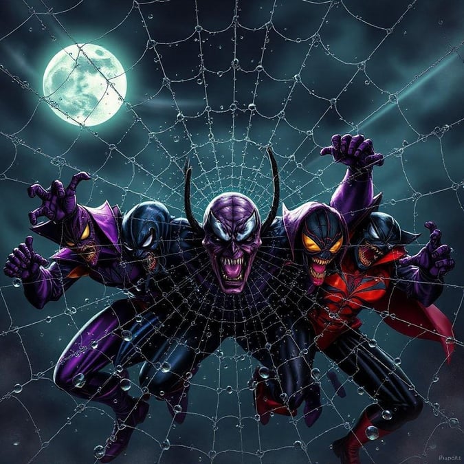 Le Spider-Verse se rassemble sur ce fond d'écran avec Spider-Man, Miles Morales et Silk se balançant dans le ciel nocturne. Le trio est entouré de toiles d'araignées sur un fond sombre sous une pleine lune.