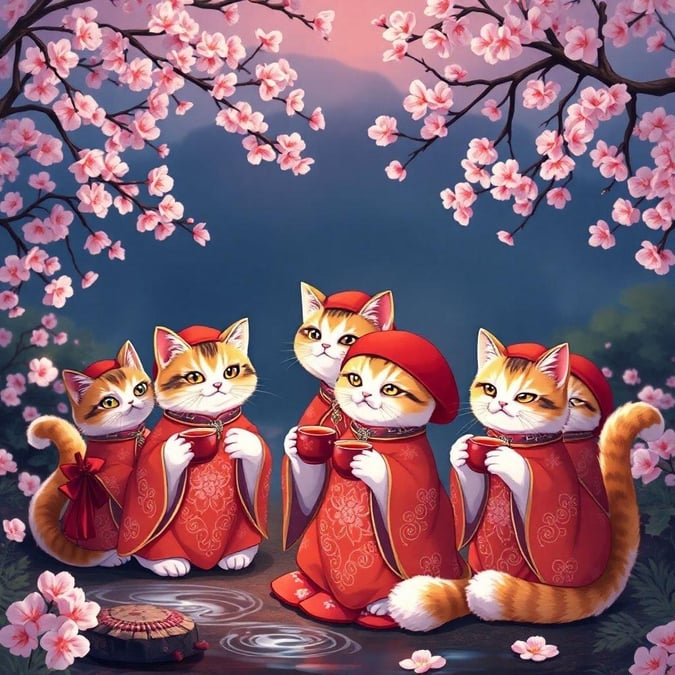 This enchanting anime-style illustration features a group of cats donning traditional Japanese clothing, each holding a cup of tea and sporting a red hat. The serene setting of a tranquil garden provides a stunning backdrop for these feline friends, creating a peaceful and captivating atmosphere.