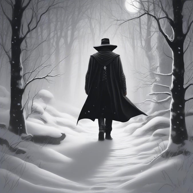 As the night falls, the vampire hunter strides confidently down the snowy forest path. His attire is stark and monochrome, a blend of black and white that stands out against the soft glow from the moon above. His cape billows slightly behind him, suggesting movement, as if he's captured in mid-stride. The trail beneath his feet crunches under the weight of fresh snow, untouched except for his solitary footprints. The forest around him is quiet and still, save for the creaking branches that sway gently in the breeze. It's a moment frozen in time, a solitary figure poised against the beauty and danger of nature.