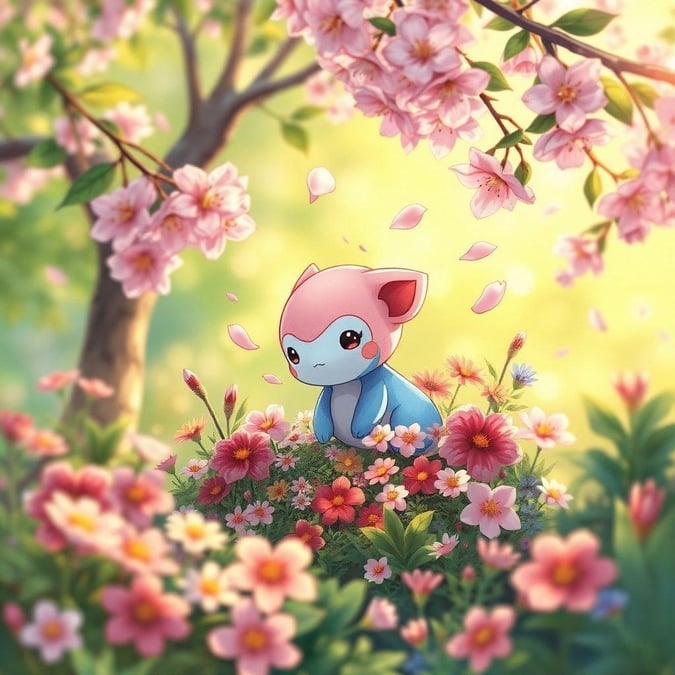 Immerse yourself in the serene beauty of this anime garden wallpaper, featuring a small, enigmatic creature amidst a lush garden of colorful flowers and plants.