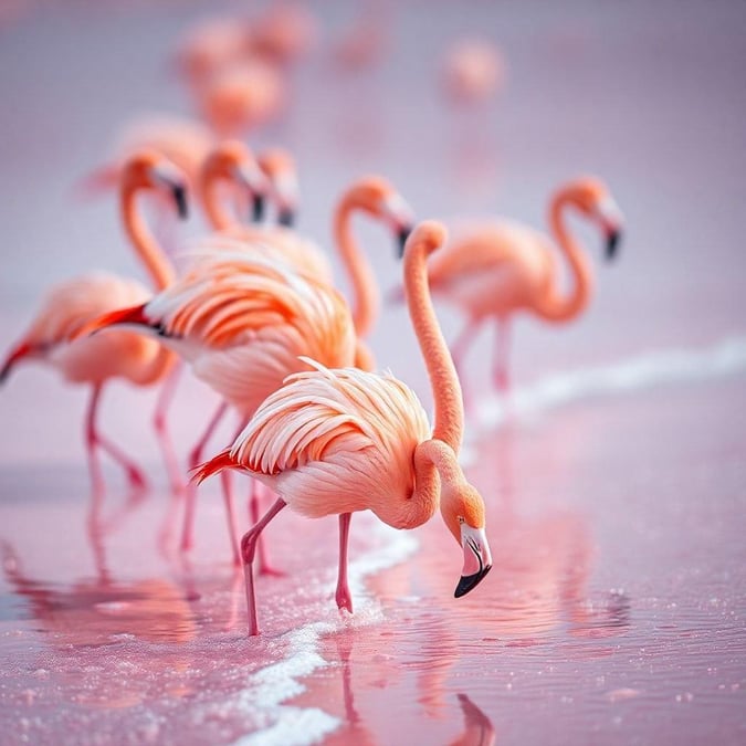 This wallpaper features a stunning image of flamingos in their natural habitat, with their distinctive pink feathers and long necks. The image showcases the beauty and majesty of these birds, making it a great addition to any desktop or mobile device.