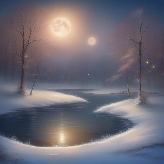 A tranquil winter night by the river, with misty fog and the full moon casting a serene glow. Snow-covered trees add to the peaceful ambiance.