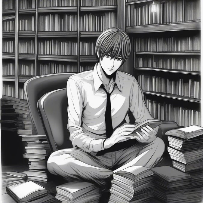 A young man immersed in a pile of books, representing the depth of knowledge and dedication to learning. His focused gaze on the book he's reading suggests a serious scholarly pursuit.