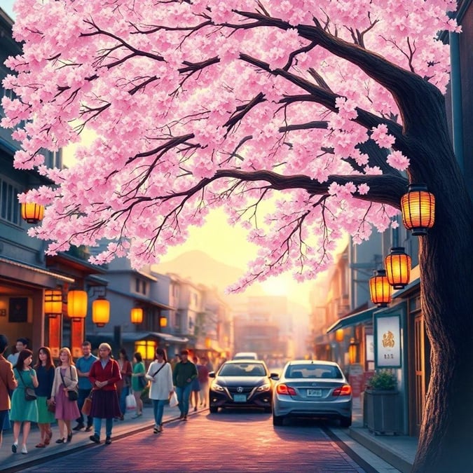 A serene anime-style illustration of a cherry blossom tree in a Japanese alleyway, with a bustling cityscape in the background.