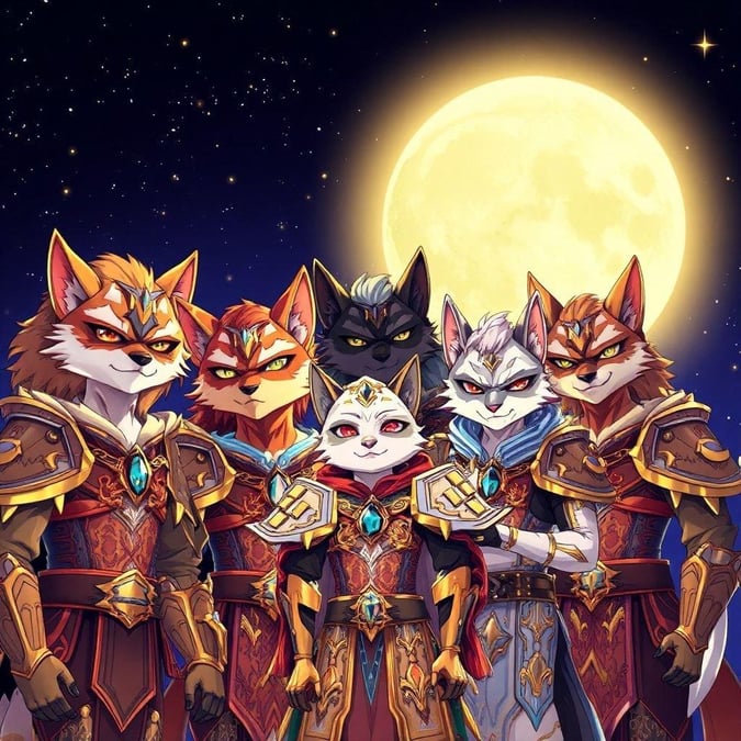 This captivating anime wallpaper showcases a group of friendly, animal-like warriors standing before a full moon, their faces illuminated by its radiant glow. The scene is set against a mysterious dark sky, creating an enchanting atmosphere that draws the viewer in.