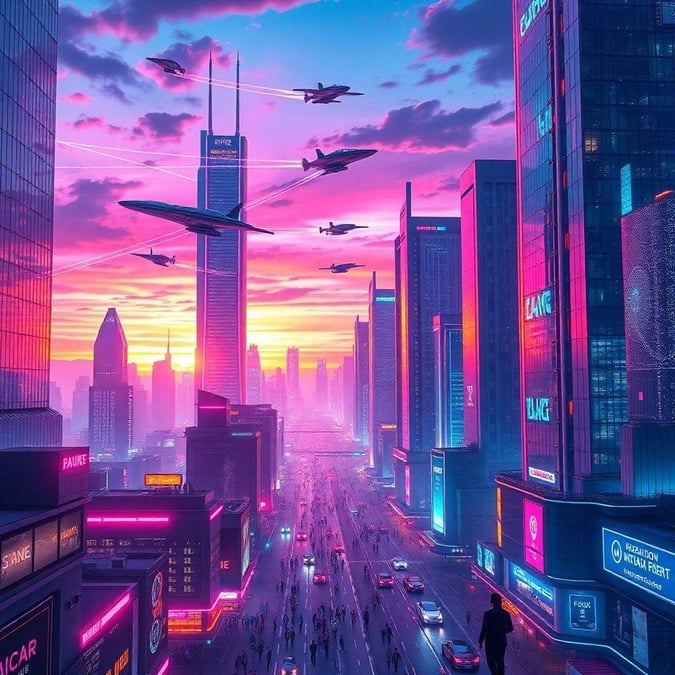 An artistic view of a futuristic city skyline with jets flying overhead during the vibrant colors of sunset. Perfect for modern lifestyle and urban wallpaper.