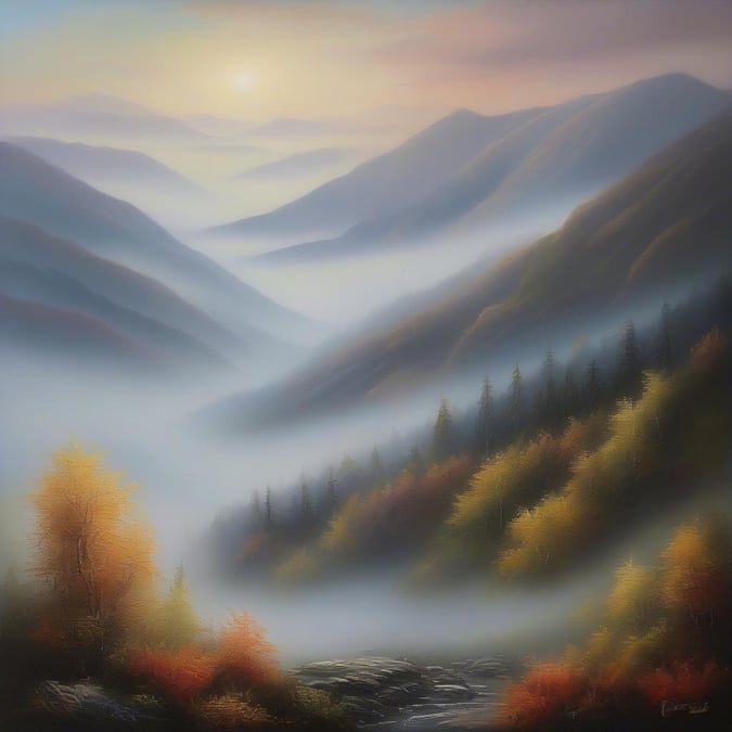 A serene mountain vista at dawn, bathed in the soft glow of early sunlight through a light fog blanket.