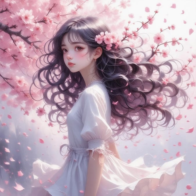 Diese fesselnde Anime-Illustration zeigt ein junges Mädchen mit langen Haaren aus Kirschblüten, das in einem Wirbel aus Blütenblättern tanzt. Ihr Blick, nach links gerichtet, verleiht der Szene Geheimnis und Intrige. Der Hintergrund ist ein verschwommener Mix aus rosa und lila Tönen, der das lebendige Erscheinungsbild des Mädchens hervorhebt.