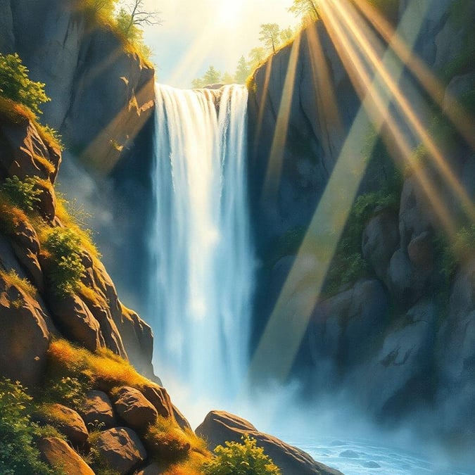 A serene landscape with sunlight streaming through the trees, illuminating a stunning waterfall. This wallpaper captures the tranquil beauty of nature.