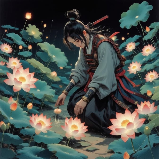 Dyk ned i den rolige skønhed ved denne anime-inspirerede baggrund, hvor en samurai passer en have med livlige lotusblomster. De indviklede detaljer i planterne og deres lysende kronblade skaber en fortryllende atmosfære, perfekt til brug på skrivebord og mobil.