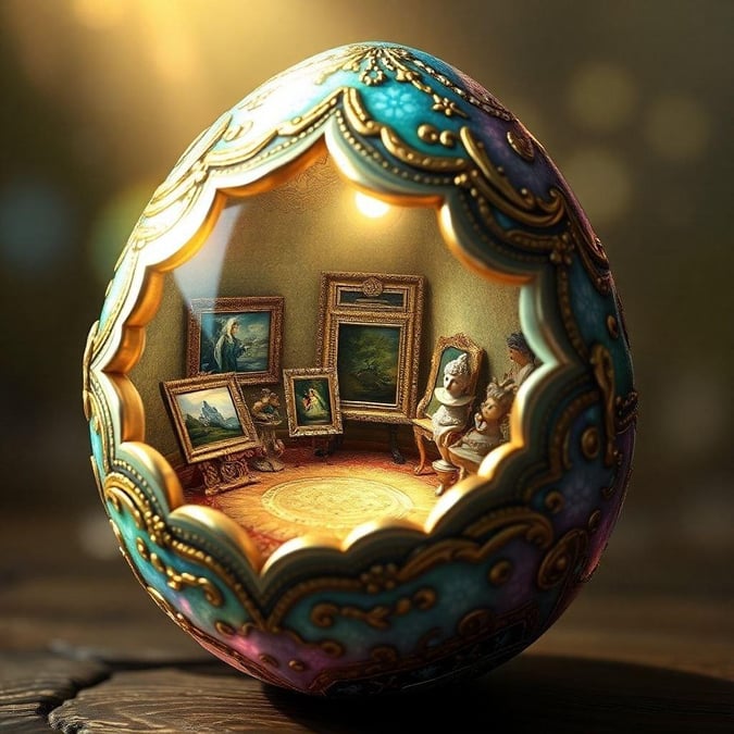 Celebrate the spirit of Easter with this unique egg shaped like a mini art gallery. Inside, the canvas is adorned with paintings of renowned masterpieces that bring an air of sophistication and culture to your festive table.