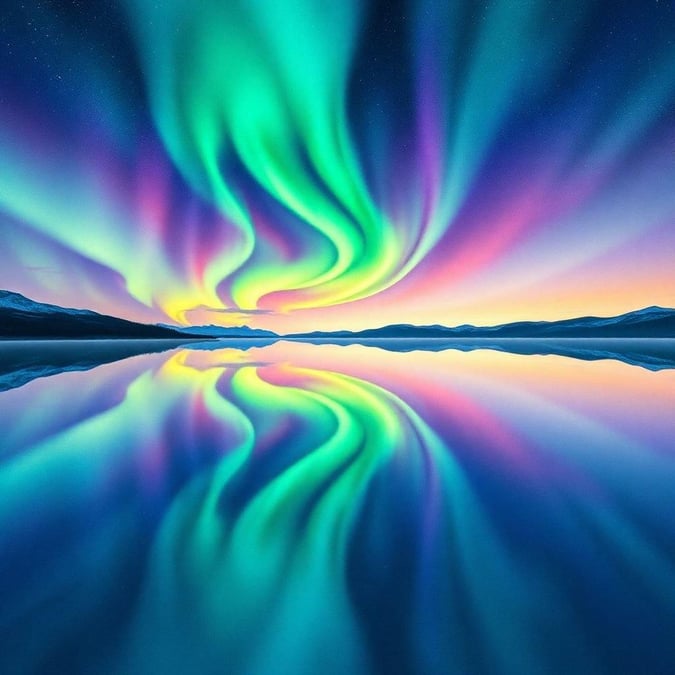 Ethereal view of the Northern Lights, reflecting off a serene mountain lake. The vibrant display of auroras dances across the sky, mirrored in the tranquil water below.