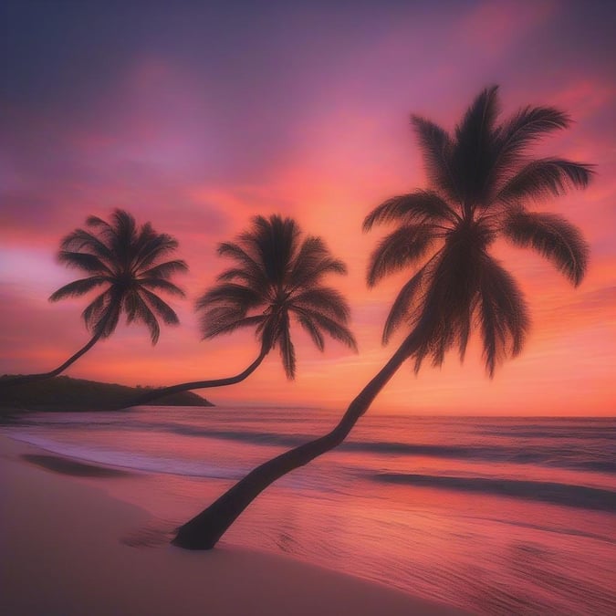 A serene view at sunset with palm trees silhouetted against a vibrant sky.