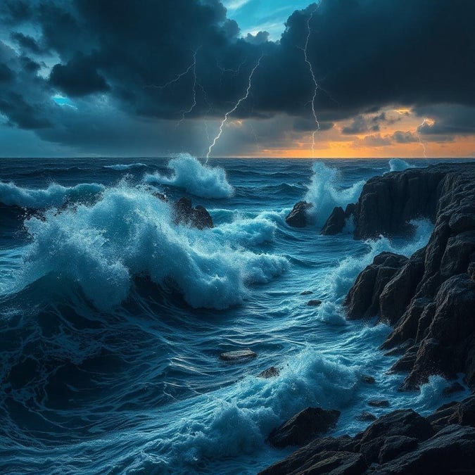 This wallpaper captures the breathtaking beauty of a stormy sunset over the ocean, with dark clouds and lightning illuminating the sky.