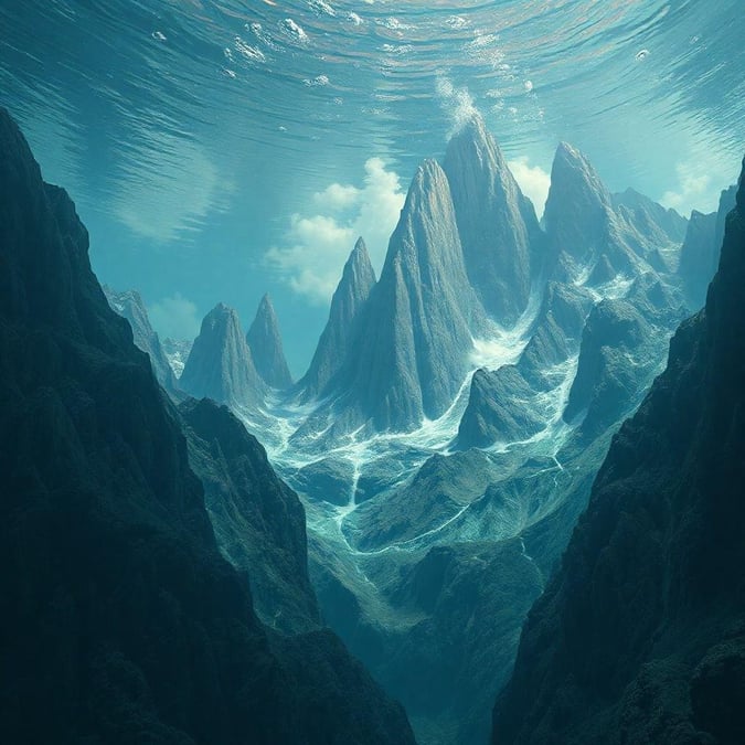 Dive into the depths of an enchanting undersea world, where ancient mountains rise from the dark ocean floor, creating a breathtaking scene that combines elements of fantasy and nature.