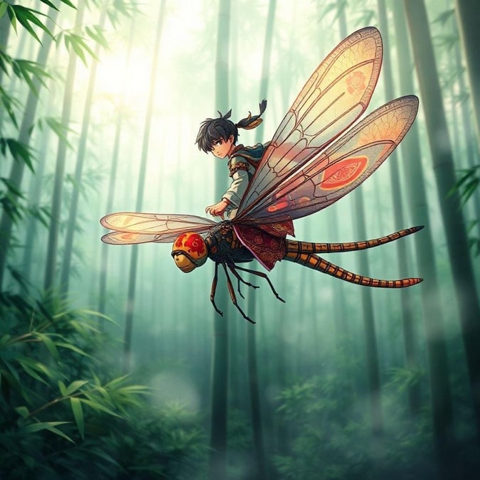 Experience the magic of anime with this stunning wallpaper featuring a young samurai riding a dragonfly through a misty bamboo forest.