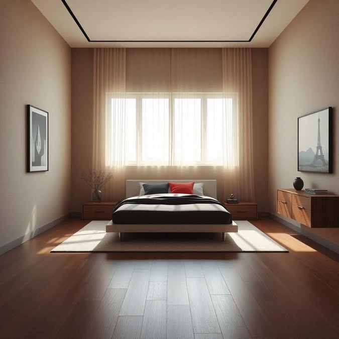 Enjoy this serene bedroom that combines modern design with minimalism. The room features a sleek bed frame, contemporary artwork on the wall, and a stylish rug adding warmth to the wooden floor. A sliding glass door leads to a balcony where you can enjoy fresh air and natural light. Perfect for creating a peaceful sanctuary in your home.