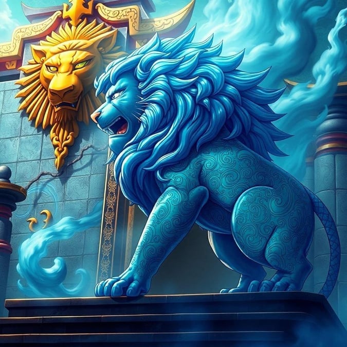 Step into a world of fantasy and wonder with this majestic anime lion guarding the entrance. Its vibrant blue and green body is a masterpiece of intricate patterns, while the golden lion's head on the shrine's wall adds an enigmatic touch. The lion's gaze directed left invites you to explore the mysteries of this captivating scene.