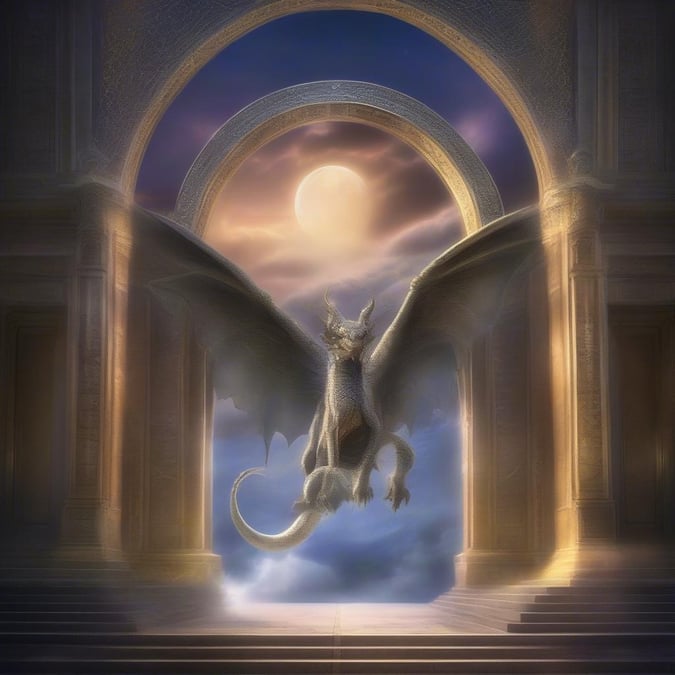 This stunning wallpaper features a majestic dragon soaring through the moonlit sky, set against a backdrop of ancient ruins. The dragon's scales glisten in the soft light, while the ruins provide a sense of history and mystery.