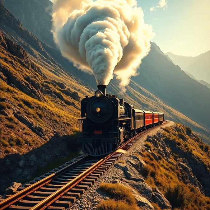 A majestic steam locomotive climbs the mountain pass, leaving behind a trail of vapor in its wake. The rugged terrain and the sun setting in the distance add to the timeless charm of this journey.