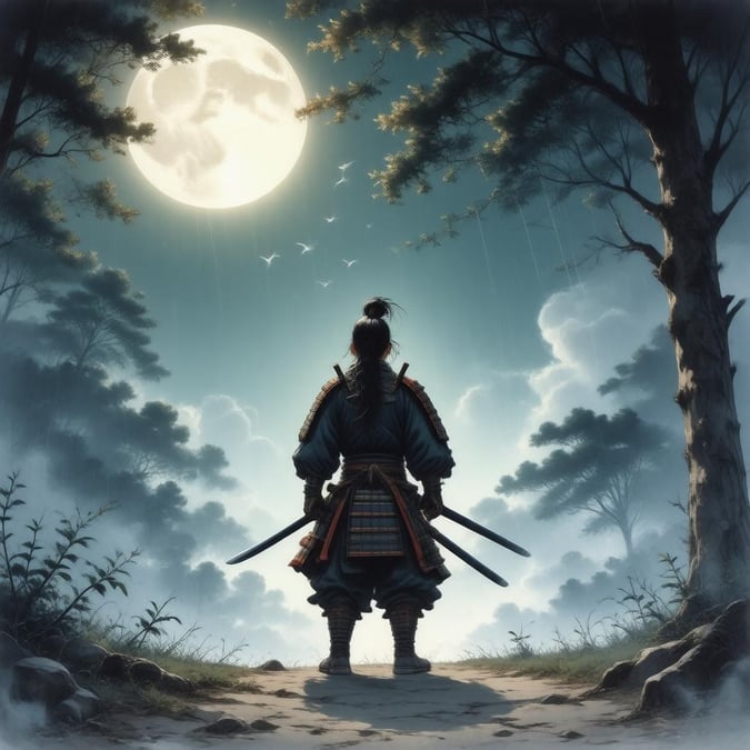 Immerse yourself in the serene beauty of this anime illustration, where a samurai warrior stands at the edge of a forest, gazing into the misty night sky under the radiant glow of the full moon.