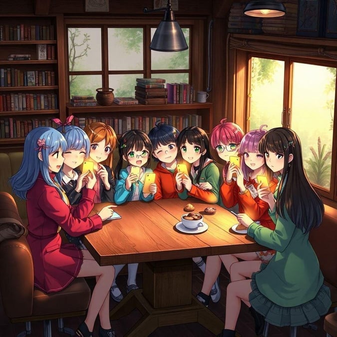 Step into a world of wonder and mystery with this captivating anime wallpaper, where a group of friends gather around a table, their phones aglow as they create their own anime-style masterpiece.