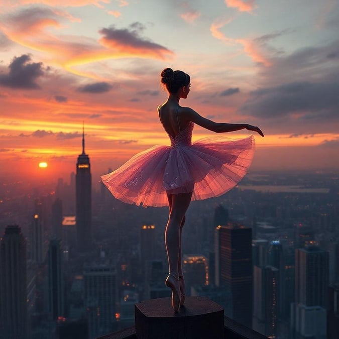 Casual fashion meets dynamic urban ballet performance, with a stunning sunset backdrop featuring skyscrapers.