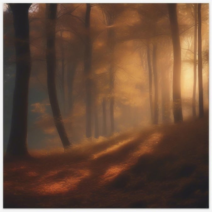 This stunning wallpaper captures the beauty of a forest bathed in the warm light of sunset. The sun's rays filter through the trees, casting dappled shadows on the forest floor, creating a sense of depth and texture.